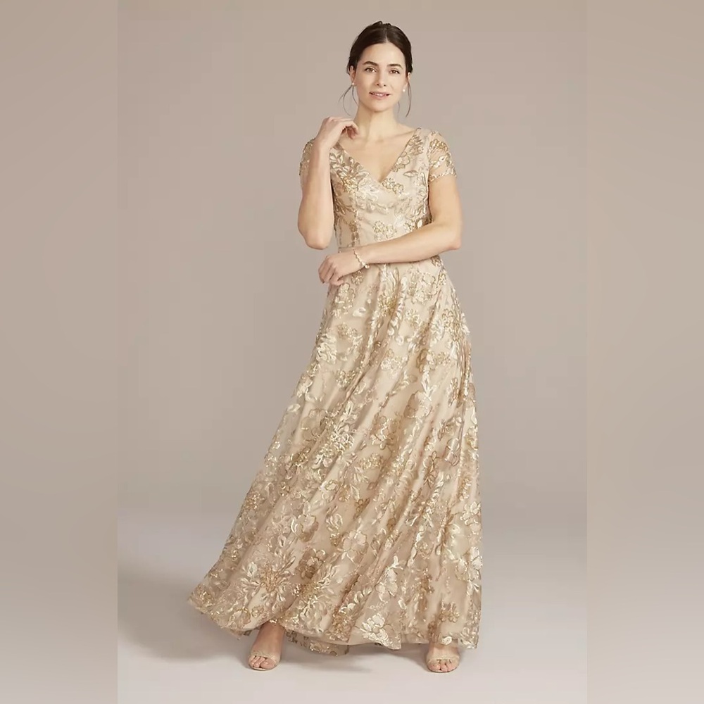 Oleg Cassini Gold Floral Embroidered Maxi Dress